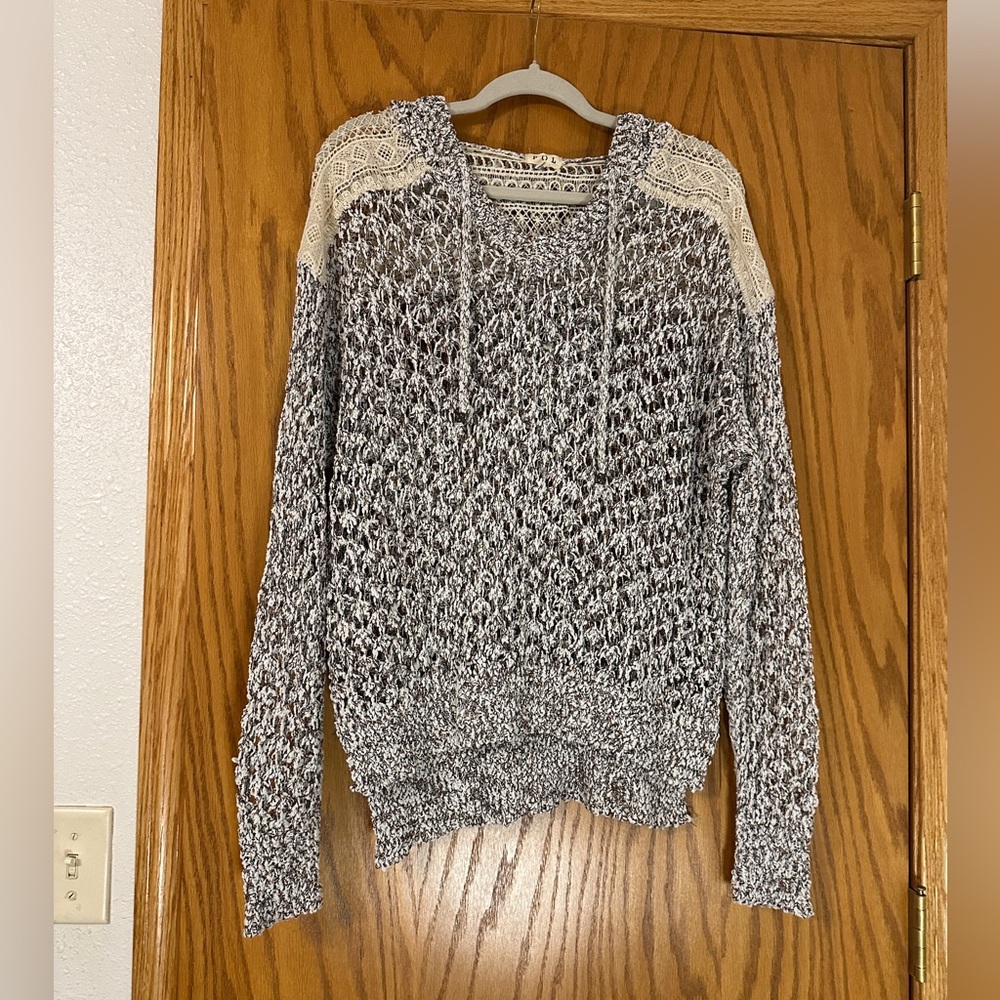 Pol Oversized Crocheted Open Knit Hooded Sweater - NWOT - Size S